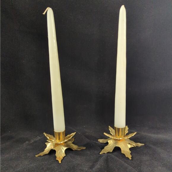 Pair of Vintage Solid Brass Poinsettia Taper Candle Holders - Picture 1 of 9